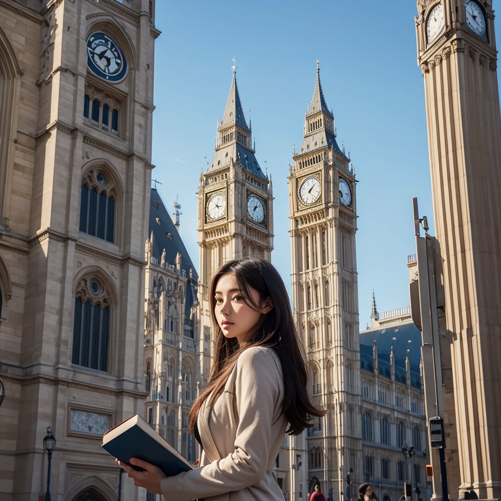 Beautiful woman holding a book standing in front of the clock tower,