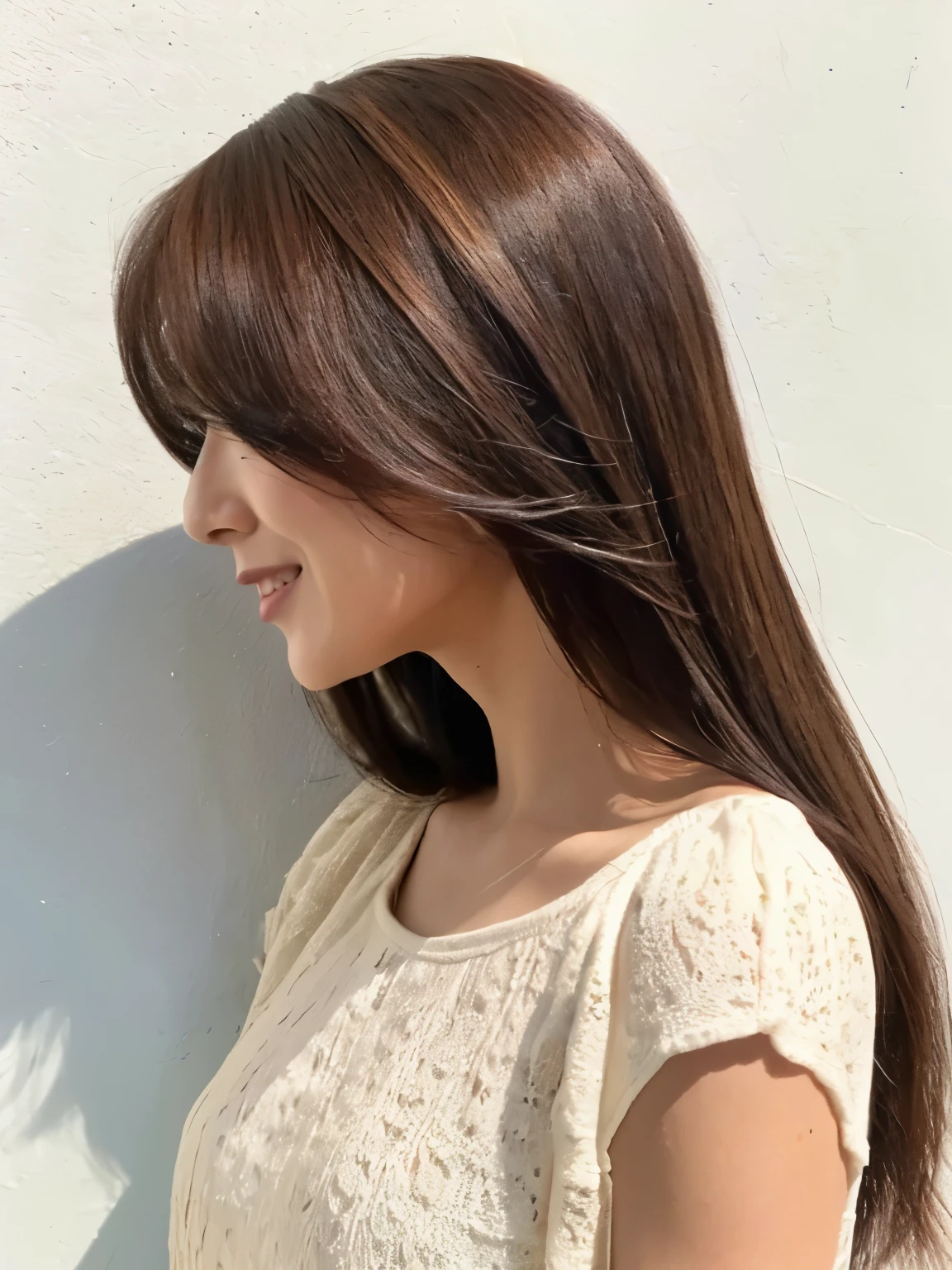 Stylish white short sleeve top、35-year-old Japanese woman、Silky Hair、(hair color is beige、Highly detailed hair:1.4)、White wall、profile、Don&#39;Don&#39;t look at the camera、In front of the white door、(窓のあるWhite wallの部屋)、((Highest quality、8K、masterpiece:1.3))、Ultra-high resolution、(photoGenuineistic:1.4)、RAW Photos、Japanese,(detailed aspects)、Genuine、Photographed in natural light、Highly detailed face and skin texture、Bobカット、Bob、short hair、Highly detailed lips、The correct state of the human body、Medium Hair、Natural color lip、Shiny Hair