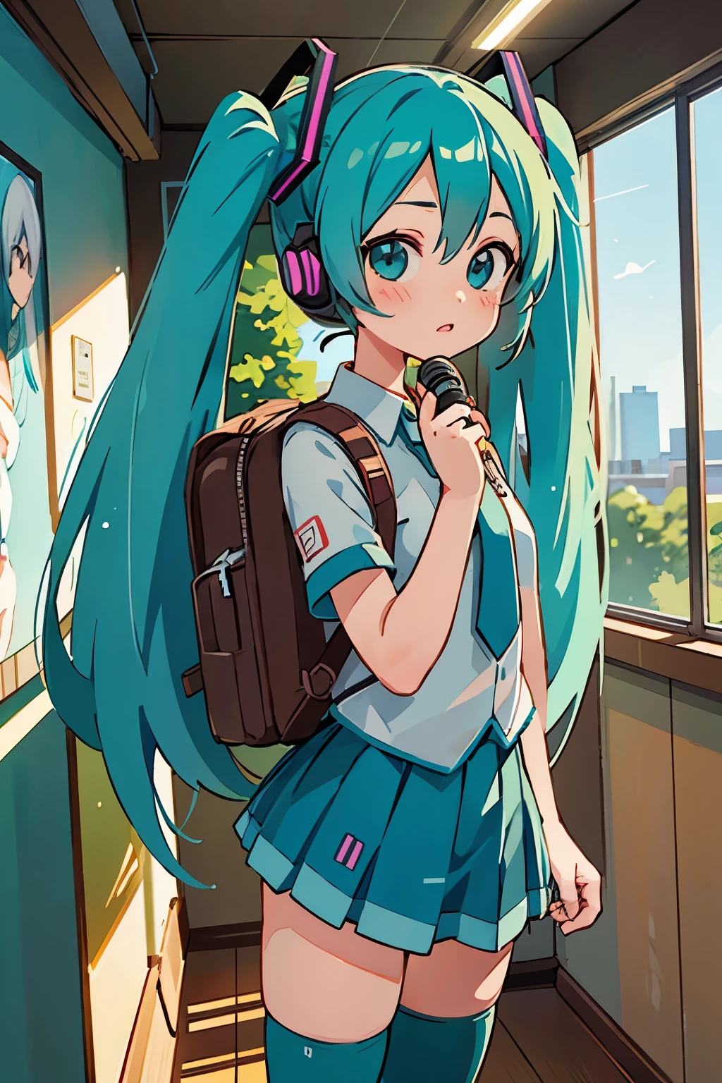 anime girl with long blue hair and a backpack standing in front of a balcony, mikudayo, anime moe artstyle, portrait of hatsune miku, anime girl with teal hair, hatsune miku short hair, anime style 4 k, hatsune miku portrait, hatsune miku, anime art wallpaper 8 k, anime wallpaper 4k, anime wallpaper 4 k, hatsune miku, 1girl, cute anime girl, turquoise blue hair, twin tails, detailed facial features, beautiful detailed eyes, beautiful detailed lips, extremely detailed face, longeyelashes, school uniform, pleated skirt, thigh-high socks, headphones, holding microphone, glowing neon sci-fi background, digital art, 8k, high resolution, photorealistic, cinematic lighting, vibrant colors, intricate details