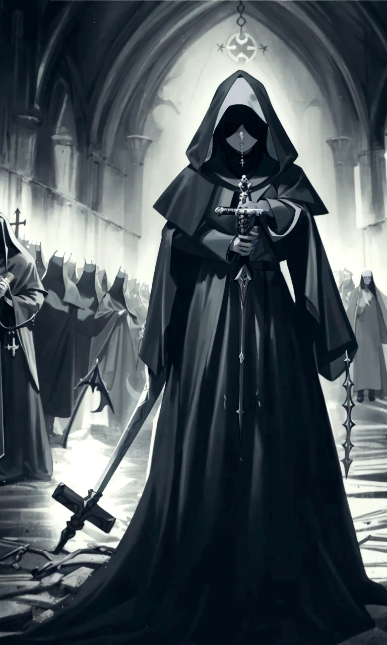 A black and white photograph of a person wearing a hooded robe and holding a sword., dark robes, dark dress, wearing dark robes, dark priest, sacrilegious rite, Holy Inquisition, black robes, dress, occultist, unholy meeting, dark robe, dark fantasy horror art, an evil nun, lucky winner