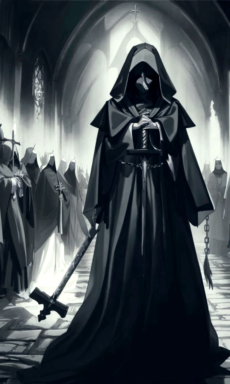A black and white photograph of a person wearing a hooded robe and holding a sword., dark robes, dark dress, wearing dark robes, dark priest, sacrilegious rite, Holy Inquisition, black robes, dress, occultist, unholy meeting, dark robe, dark fantasy horror art, an evil nun, lucky winner