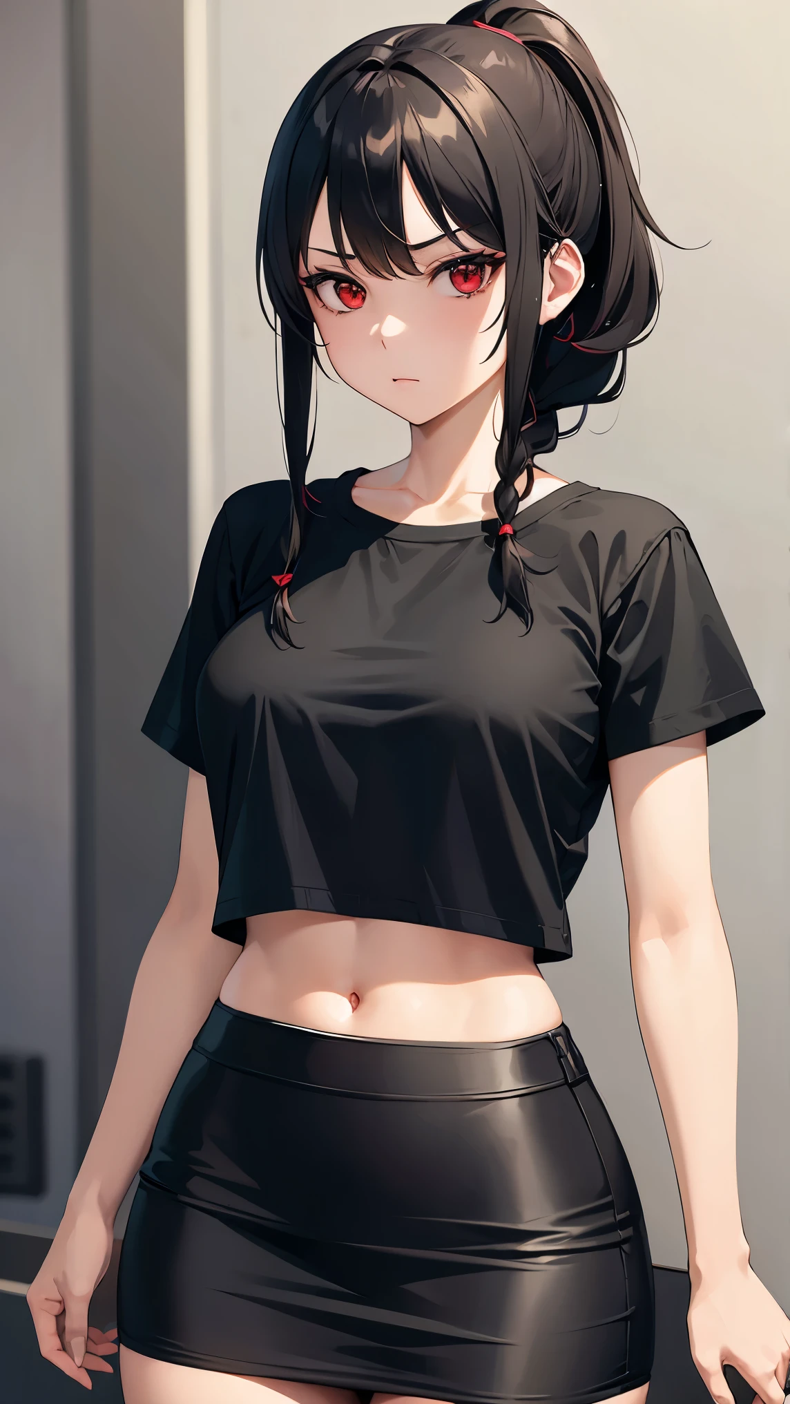 Girl1,alone,cowboy shot,triangle face,red eyes,black hair,braided ponytail hairstyle,green t-shirt,Pencil skirt,highly detailed,HD,thighs