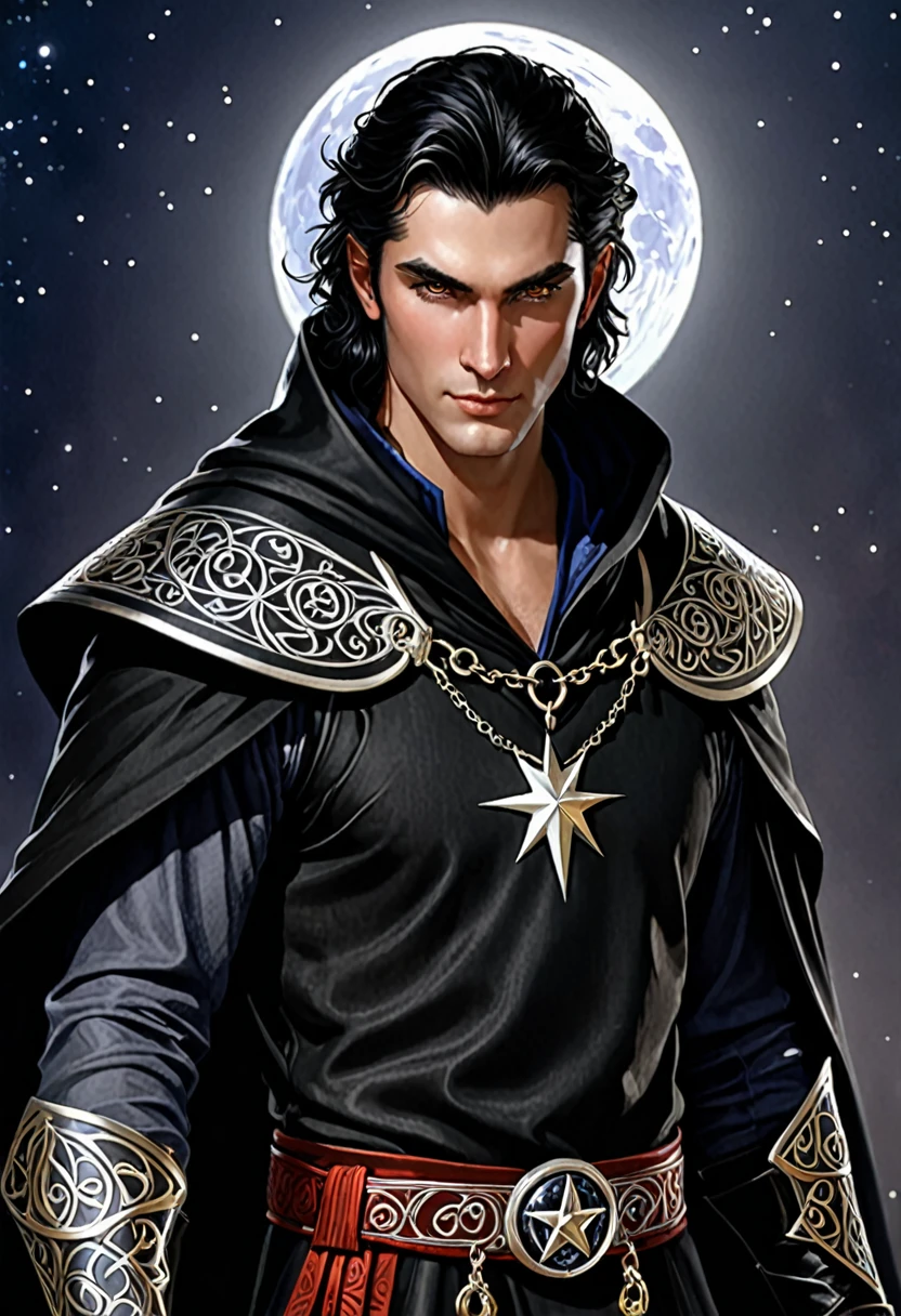 Clothing: Lorcan wears a flowing black cloak with the symbol of Tenebra – a pentagram surrounded by moon phases – embroidered in silver on the chest. Under the cloak, he wears practical, dark clothing suitable for both combat and stealth.

Accessories: He carries an amulet with the symbol of Tenebra, which he uses as a holy focus. On his belt, there are small pouches containing spell components and thief tools. He also has a short-bladed dagger, often concealed in his garments.

Physical Characteristics: As a sulfure, Lorcan has skin with a slight reddish tint, hinting at his infernal heritage. He is of medium height with a lean physique, his muscles defined by a life on the streets. His hair is black, usually slicked back, but some strands fall across his face, adding to his mysterious aura. His eyes glow with a faint, otherworldly light, giving him a captivating and intimidating presence.

Face: His face is angular with strong features. His eyes are a deep blue with a subtle, fiery glow, seeming to see through people, uncovering their deepest secrets. He often wears an enigmatic smile that suggests both confidence and mischief. Small, barely noticeable horns protrude from his hairline, further emphasizing his infernal nature.

Additional Details: In the shadows, Lorcan seems to blend in almost magically, as if the darkness itself is an extension of his being. His presence is both intimidating and fascinating, making it hard to look away when he is around. Occasionally, a faint sulfuric smell accompanies him, a subtle reminder of his true heritage.