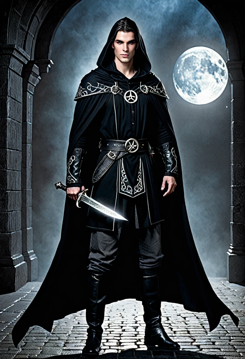 Clothing: Lorcan wears a flowing black cloak with the symbol of Tenebra – a pentagram surrounded by moon phases – embroidered in silver on the chest. Under the cloak, he wears practical, dark clothing suitable for both combat and stealth.

Accessories: He carries an amulet with the symbol of Tenebra, which he uses as a holy focus. On his belt, there are small pouches containing spell components and thief tools. He also has a short-bladed dagger, often concealed in his garments.

Physical Characteristics: As a sulfure, Lorcan has skin with a slight reddish tint, hinting at his infernal heritage. He is of medium height with a lean physique, his muscles defined by a life on the streets. His hair is black, usually slicked back, but some strands fall across his face, adding to his mysterious aura. His eyes glow with a faint, otherworldly light, giving him a captivating and intimidating presence.

Face: His face is angular with strong features. His eyes are a deep blue with a subtle, fiery glow, seeming to see through people, uncovering their deepest secrets. He often wears an enigmatic smile that suggests both confidence and mischief. Small, barely noticeable horns protrude from his hairline, further emphasizing his infernal nature.

Additional Details: In the shadows, Lorcan seems to blend in almost magically, as if the darkness itself is an extension of his being. His presence is both intimidating and fascinating, making it hard to look away when he is around. Occasionally, a faint sulfuric smell accompanies him, a subtle reminder of his true heritage.