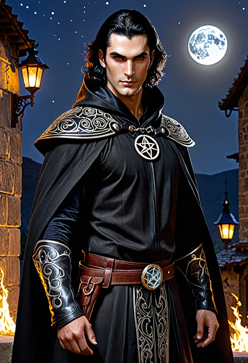 Clothing: Lorcan wears a flowing black cloak with the symbol of Tenebra – a pentagram surrounded by moon phases – embroidered in silver on the chest. Under the cloak, he wears practical, dark clothing suitable for both combat and stealth.
Accessories: He carries an amulet with the symbol of Tenebra, which he uses as a holy focus. On his belt, there are small pouches containing spell components and thief tools. He also has a short-bladed dagger, often concealed in his garments.
Physical Characteristics: As a sulfure, Lorcan has skin with a slight reddish tint, hinting at his infernal heritage. He is of medium height with a lean physique, his muscles defined by a life on the streets. His hair is black, usually slicked back, but some strands fall across his face, adding to his mysterious aura. His eyes glow with a faint, otherworldly light, giving him a captivating and intimidating presence.
Face: His face is angular with strong features. His eyes are a deep blue with a subtle, fiery glow, seeming to see through people, uncovering their deepest secrets. He often wears an enigmatic smile that suggests both confidence and mischief. Small, barely noticeable horns protrude from his hairline, further emphasizing his infernal nature.
Additional Details: In the shadows, Lorcan seems to blend in almost magically, as if the darkness itself is an extension of his being. His presence is both intimidating and fascinating, making it hard to look away when he is around. Occasionally, a faint sulfuric smell accompanies him, a subtle reminder of his true heritage.