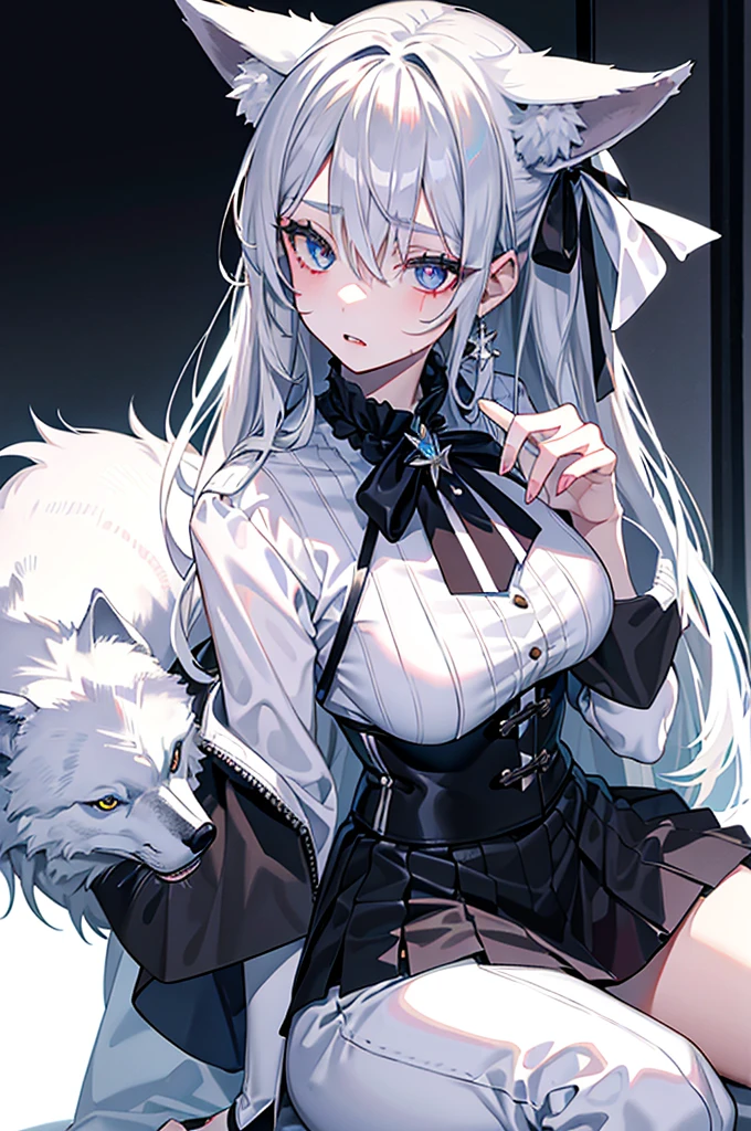 best qualtiy,tmasterpiece,The is very detailed,4K,Gray hair and shallow eyes,Drag cool expressions,Wolf ears,Erect scar on the left eye,British style,1girl,Absolutely beautiful, big bust, white costume, ear ribbon