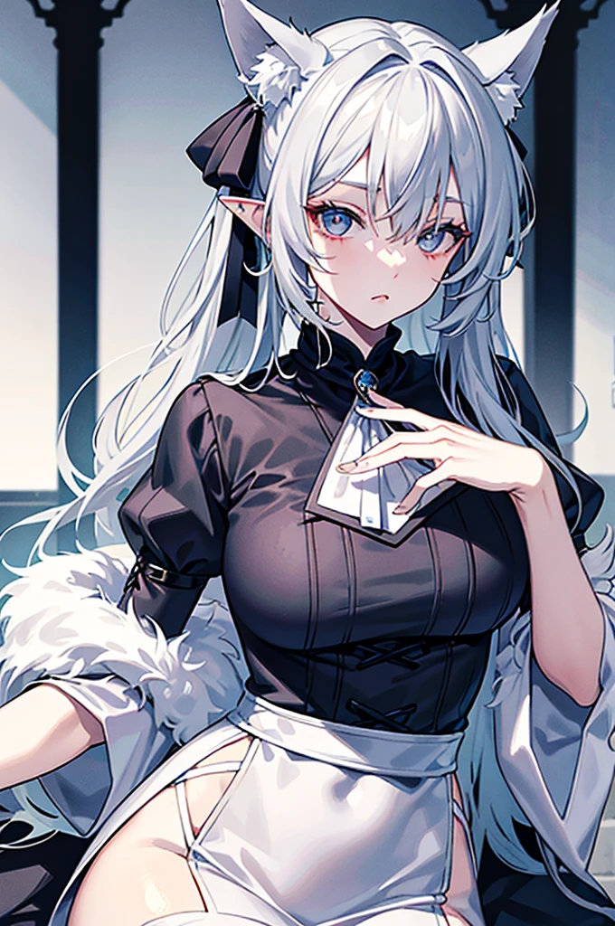 best qualtiy，tmasterpiece，The is very detailed，4K，Gray hair and shallow eyes，Drag cool expressions，Wolf ears，Erect scar on the left eye，British style，1girl，Absolutely beautiful, big bust, white costume, ear ribbon