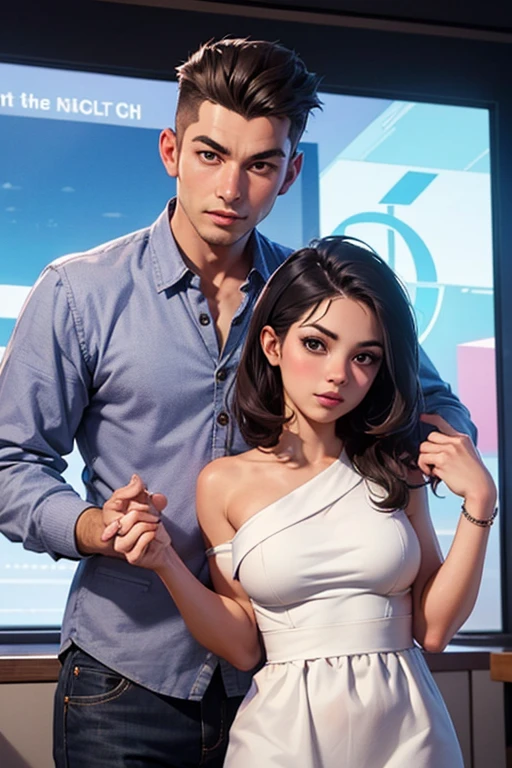 A woman and a boy are pictured、A young and very beautiful woman、Wearing a white barber's uniform、Cutting a boy's hair。A kind smile、Fine facial features、Beautiful Eyes、Long eyelashes、Highly detailed and realistic cinematic lighting、Glowing Skin、Delicate hands、Warm tones、Soft focus background、