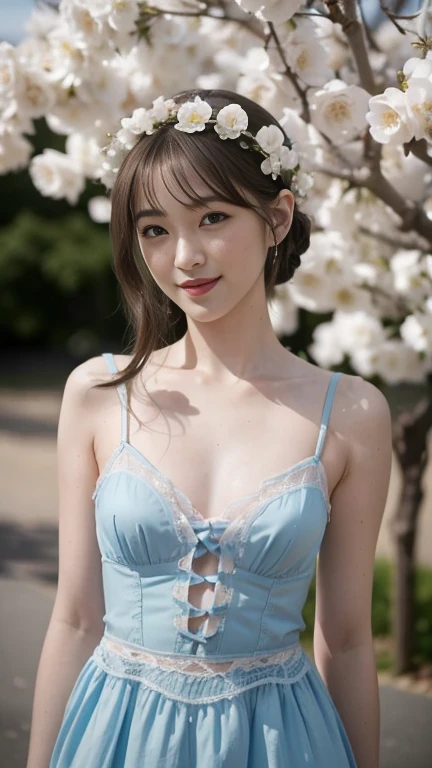 Masterpiece, Best quality, 8k, 18 ans, Photo brute, absurdes, Award-winning portrait, sourire, sourire, pure, french, elegant light blue dress, spring, medium breasts, orchard in bloom, laces, famous singer, lingerie