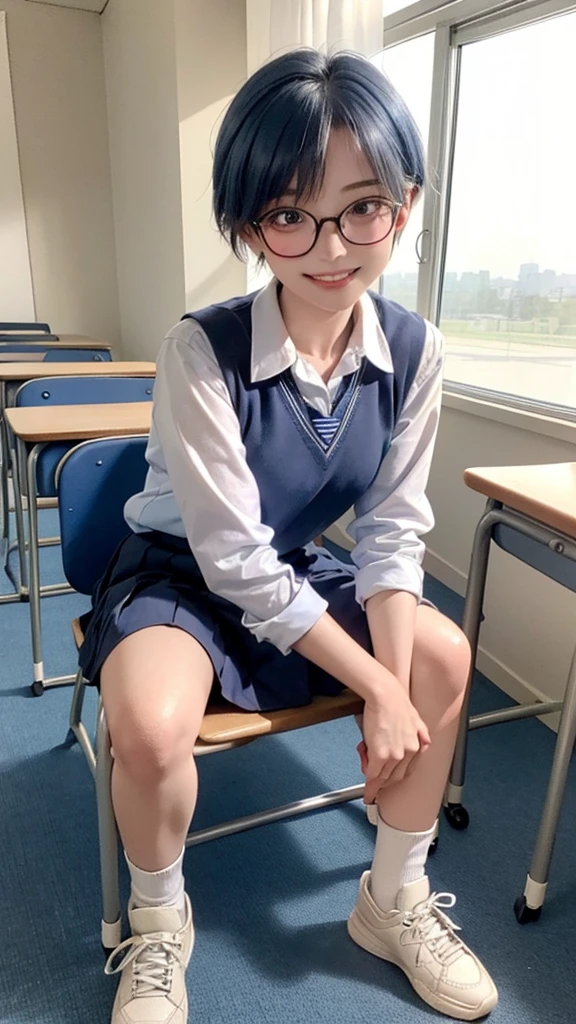 classroom、One person、Gym suit、Japanese、Junior high school girl、whole body、Black Bob、Glasses、Sweat、feet