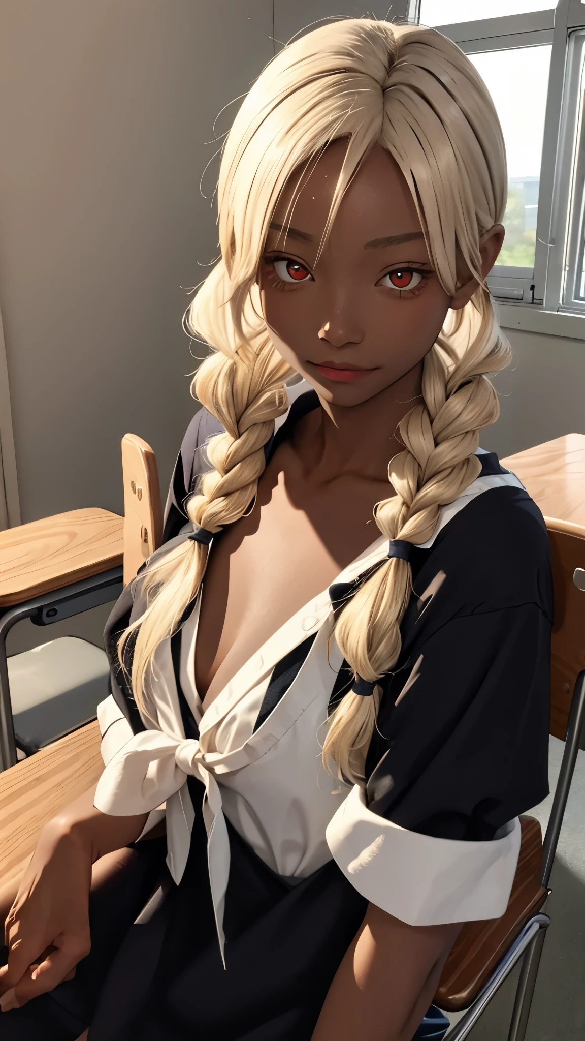 (masterpiece:1.2, best quality), 1lady, solo, , classroom, day, sit, blonde, twintails, red eyes, open collabone, darkskin, (open breasts:1.1),