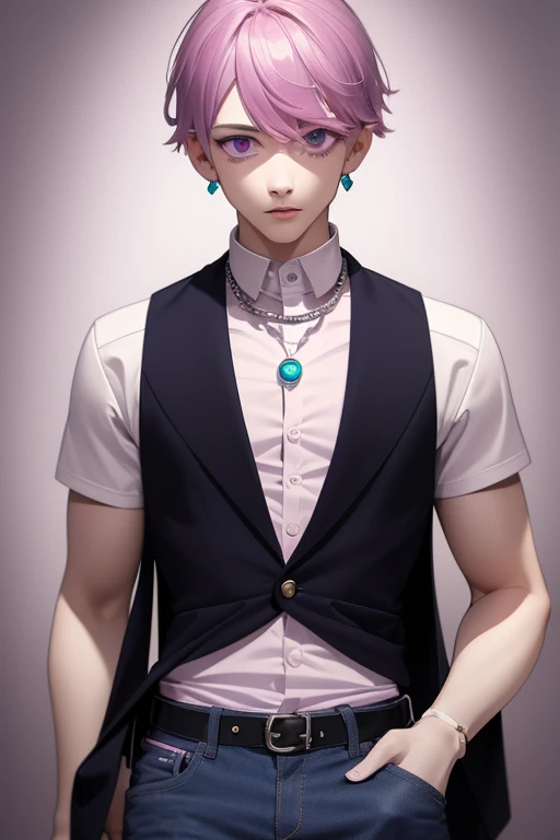 Gumball Handsome 18 year old boy with pale pink hair, pale pink skin, pierced ears, purple eyes, pale purple open jean vest, white shirt with candy print, black belt, red jeans, necklace with blue gem, looking directly at the viewer. a white background.