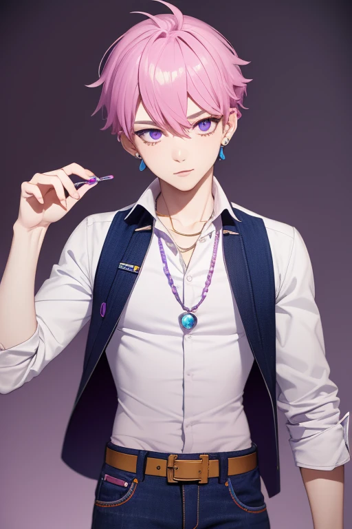 Gumball Handsome 18 year old boy with pale pink hair, pale pink skin, pierced ears, purple eyes, pale purple open jean vest, white shirt with candy print, black belt, red jeans, necklace with blue gem, looking directly at the viewer. a white background.
