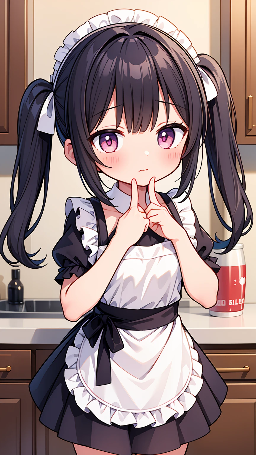 (8K, Highest image quality, highest quality, masterpiece), detailed face, ((li girl)), (little loli curve) , black hair, short twintails, pink eyes, small breasts, naked apron, cowboy shot, put your hand on your mouth, kitchen background, ((very blushing)), ((detailed hands and fingers)), viewer perspective from below, (very blushing), (very much in love with the viewer), apron only, (rest of the naked body)