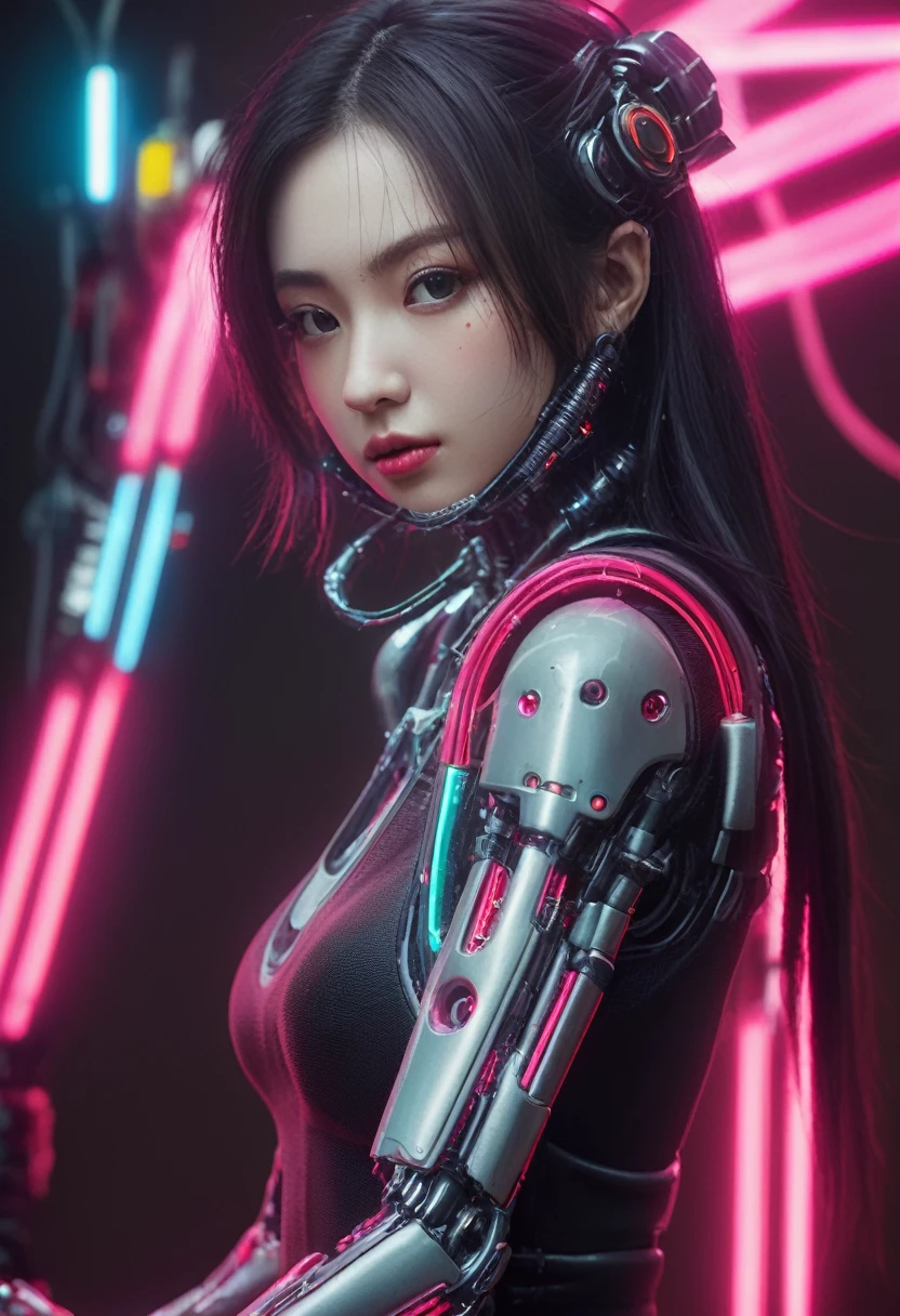 xxmixgirl. Highly detailed professional 35mm film, bokeh, face in sharp focus. A robotic female, Miku, with ((metal skin)), ((perfect Asian eyes)) with magenta irises and ((black pupils)), beautiful serious (detailed face), 18 year old ((photorealistic face)), very long magenta twin tails of magenta hair, twin black hair ties with a single red stripe. She may have a black audio headpiece. We can see her ((full body)) down to her boot soles. Her outfit is a sleeveless collared light grey shirt, outlined in red around the frilled collar and hems. Shiny reflective ((metallic breast cups, dimpleless)), invisible nipples. She wears black sleeves with red hems that start around her upper arm and bellow out as the sleeves open and extend to her wrists, with wide trumpet red rimmed cuffs. She has perfect robotic (detailed hands). She wears a red colored tie with two horizontal solid parallel black lines halfway across. She wears a fabric black skirt with a horizontal red hem at the bottom all the way around; her (((black skirt wraps around her))) and ((her skirt completely covers)) her robotic waist and thighs. Tall black boots with red bottom soles, a red rim around the top at her thighs. Her mechanical shoulder joints are visible. We can see her robotic legs and robotic neck. Half of her is covered with shiny polished machinery. The background is a distant dark neon futuristic Japanese city, gold, cyan, violet neon, near harbor or mountains.