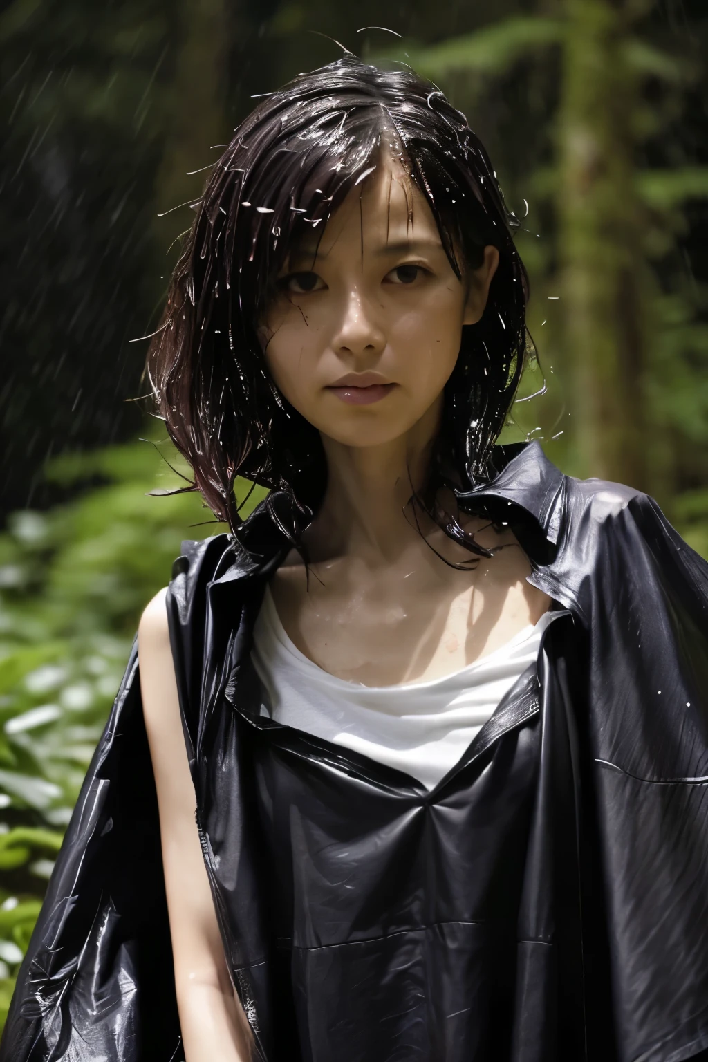 Best Image Quality, masterpiece, Ultra high resolution, (loyalty :1.4), Skinny Japanese woman, 1 girl, detailed face, detailed eyes, correct human body structure, dim, Dark, Tears, Tearsdrop, (White tight shirt), (wet soaked clothes sticking to the body:1.4), bare shoulders, wet hair, torrential rain, in the forest, 