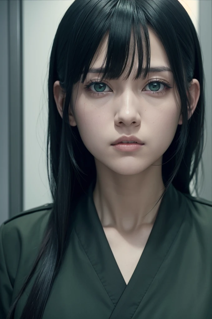 Jujutsu kaisen screencap/screenshot of A girl with long black hair and straight bangs, light green eyes, wearing a uniform