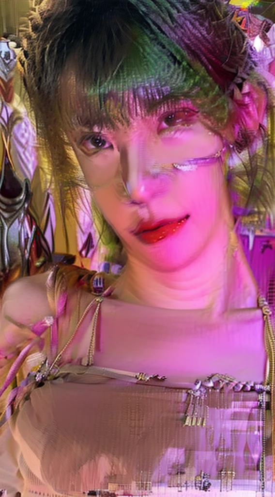 best qualtiy， Ultra-high resolution， （realisticlying：1.4），cute hairpin，Baoyu Girl，1girll, Beautiful woman with a slim figure:1.4, abs:1.1, (A brown-haired, mideum breasts:1.3), Long pink sweater:1.1, bathroom,Ultra-fine face，Elaborate Eyes，double eyelid，ssmile，choker necklace