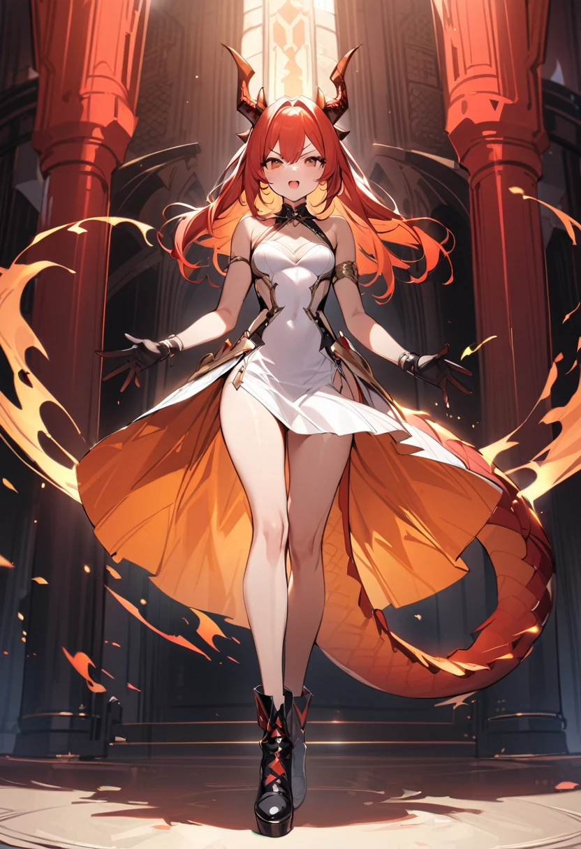(masterpiece:1.2), (highest quality:1.2), 1girl, fire, solo, tail, horns, dragon-tail, dragon-girl, orange-hair, gloves, dress, dragon-horns, white-dress, looking-at-viewer, black-gloves, standing, bare-shoulders, full-body, red-hair, bangs, open-mouth, armlet, breasts, brown-eyes, scales, small-breasts, black-footwear, fiery-hair, hair-between-eyes, sleeveless, skirt, sleeveless-dress, jewelry, v-shaped-eyebrows, boots, orange-skirt
