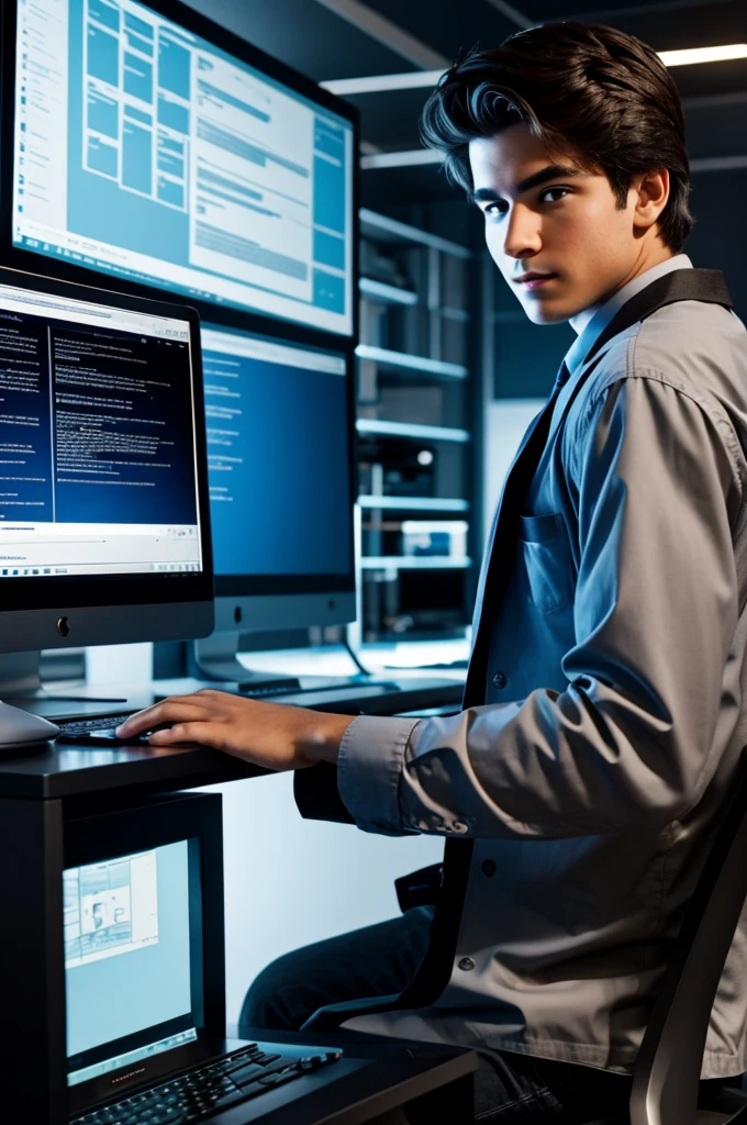 Young futurist doing a thesis on his computer