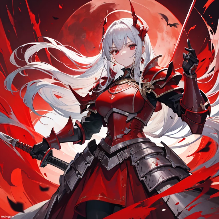 Best quality,masterpiece, An epic figure of a blood knight in armor with a sword against the background of a huge red moon