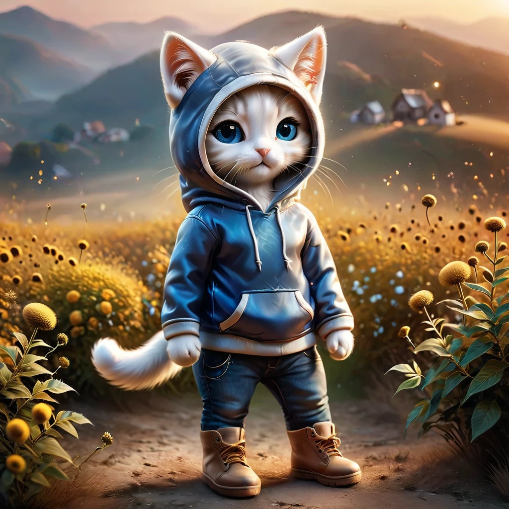 best quality, detailed, hyper detailed, beautiful, 8K, absurdres, village, a kitty, happy, smiling, standing, looking to the right, white hair, blue eyes, chibi, plump, hoodie, jeans, 5-year-old, in the grassland, in the afternoon, fantasy, photorealistic, ultra realistic photo, 3D render, anthropomorphism, full body shot, on right, wide view, rule of thirds, midday, shining lights, dramatic lighting, volumetric lighting, depth of field, dramatic contrast, DarkGoldenrod