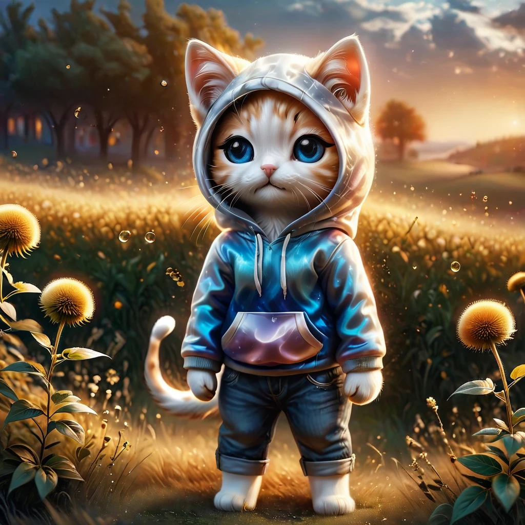 best quality, detailed, hyper detailed, beautiful, 8K, absurdres, village, a kitty, happy, smiling, standing, looking to the right, white hair, blue eyes, chibi, plump, hoodie, jeans, 5--old, the grassland, in the afternoon, fantasy, photorealistic, ultra realistic photo, 3D render, anthropomorphism, full body shot, on right, wide view, rule of thirds, midday, shining lights, dramatic lighting, volumetric lighting, depth of field, dramatic contrast, DarkGoldenrod