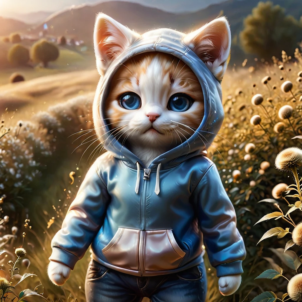 best quality, detailed, hyper detailed, beautiful, 8K, absurdres, village, a kitty, happy, smiling, standing, looking to the right, white hair, blue eyes, chibi, plump, hoodie, jeans, 5-year-old, in the grassland, in the afternoon, fantasy, photorealistic, ultra realistic photo, 3D render, anthropomorphism, full body shot, on right, wide view, rule of thirds, midday, shining lights, dramatic lighting, volumetric lighting, depth of field, dramatic contrast, DarkGoldenrod