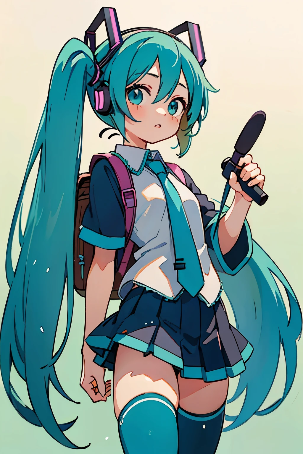 anime girl with long blue hair and a backpack standing in front of a balcony, mikudayo, anime moe artstyle, portrait of hatsune miku, anime girl with teal hair, hatsune miku short hair, anime style 4 k, hatsune miku portrait, hatsune miku, anime art wallpaper 8 k, anime wallpaper 4k, anime wallpaper 4 k, hatsune miku, 1girl, cute anime girl, turquoise blue hair, twin tails, detailed facial features, beautiful detailed eyes, beautiful detailed lips, extremely detailed face, longeyelashes, school uniform, pleated skirt, thigh-high socks, headphones, holding microphone, glowing neon sci-fi background, digital art, 8k, high resolution, photorealistic, cinematic lighting, vibrant colors, intricate details