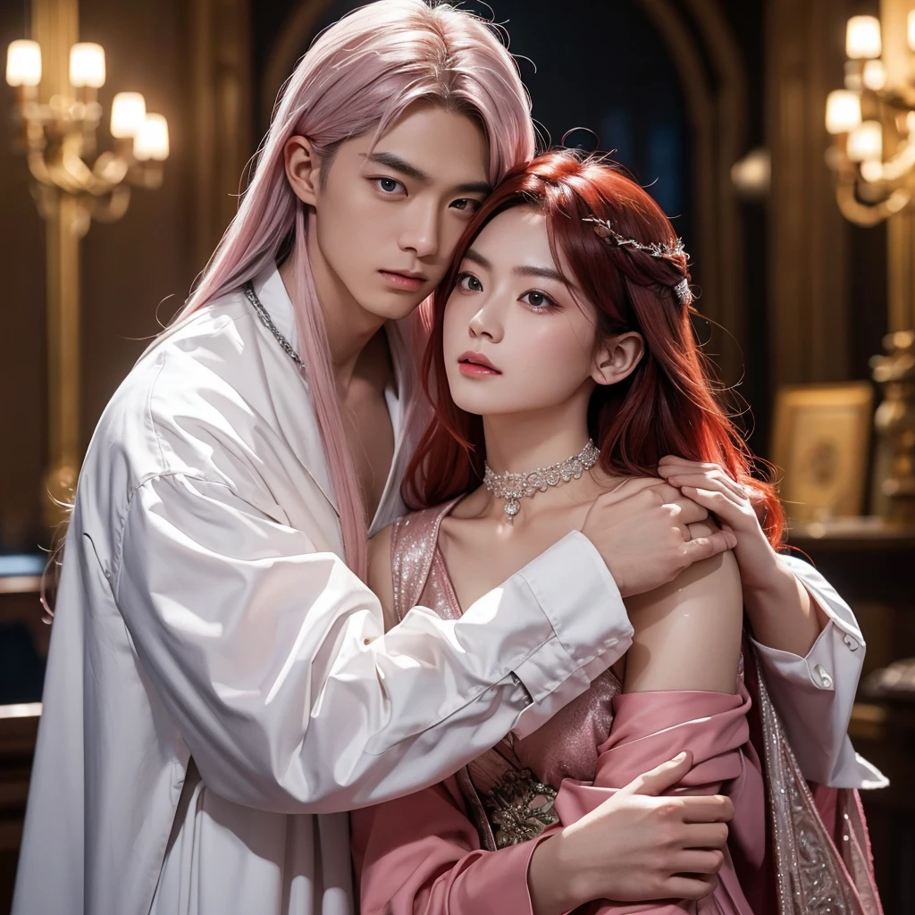 1 young asian man with shoulder-length red hair,pink eyes,feminine clothes,1 tall young asian albino man with long silver hair,black victorian-style expensive clothes,hugging each other,gay couple,best quality,4k,8k,highres,masterpiece:1.2,ultra-detailed,realistic,photorealistic,photo-realistic:1.37,HDR,UHD,studio lighting,ultra-fine painting,sharp focus,physically-based rendering,extreme detail description,professional,vivid colors,bokeh,portraits,romance