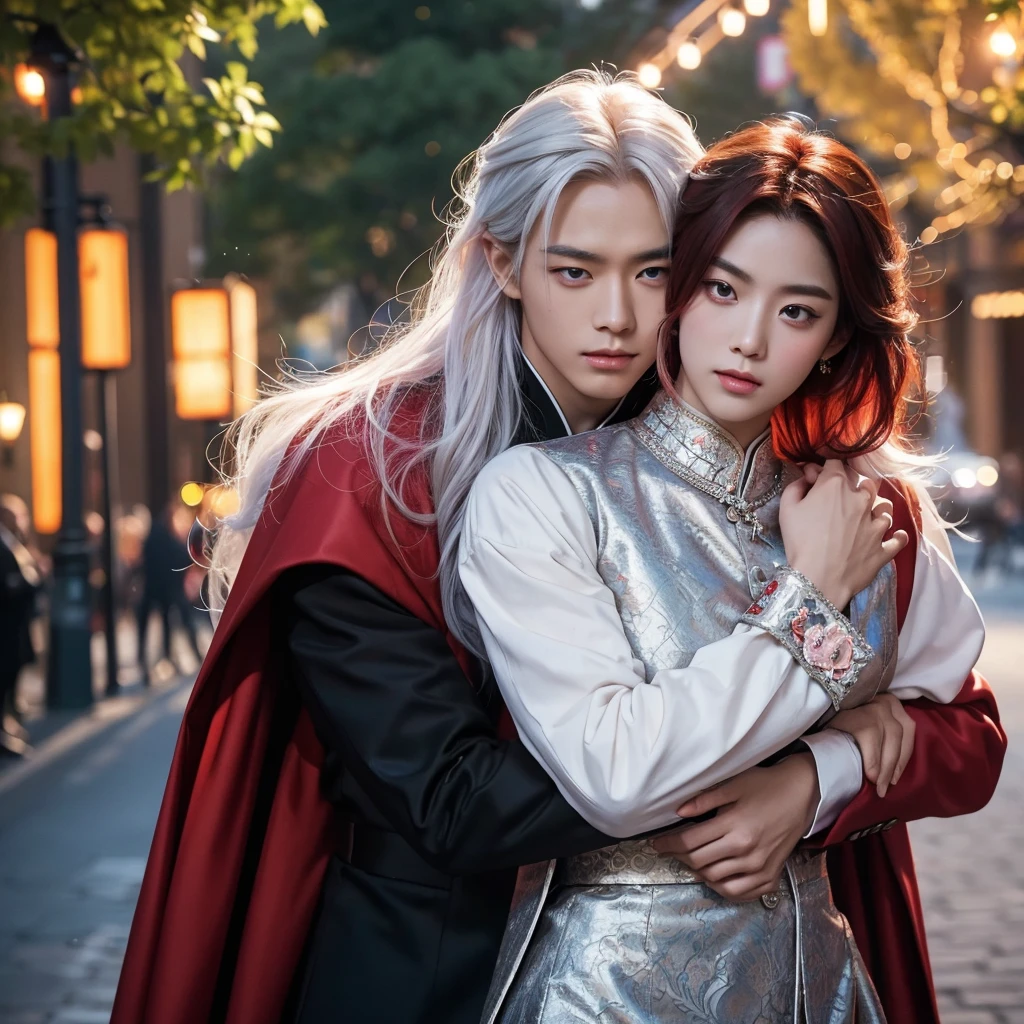 ung asian man with shoulder-length red hair,pink eyes,feminine clothes,1 tall young asian albino man with long silver hair,black victorian-style expensive clothes,hugging each other,gay couple,best quality,4k,8k,highres,masterpiece:1.2,ultra-detailed,realistic,photorealistic,photo-realistic:1.37,HDR,UHD,studio lighting,ultra-fine painting,sharp focus,physically-based rendering,extreme detail description,professional,vivid colors,bokeh,portraits,romance
