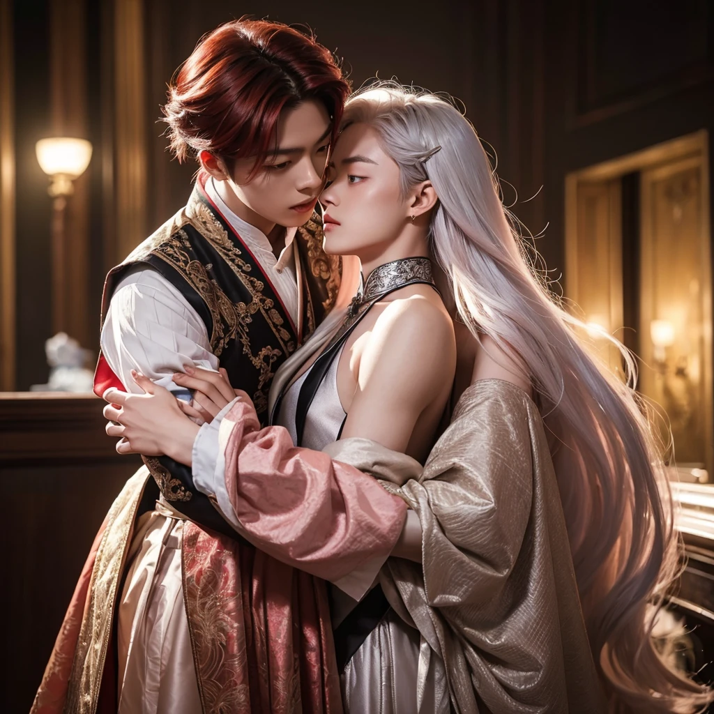 1 young asian man with shoulder-length red hair,pink eyes,feminine clothes,1 tall young asian albino man with long silver hair,black victorian-style expensive clothes,hugging each other,gay couple,best quality,4k,8k,highres,masterpiece:1.2,ultra-detailed,realistic,photorealistic,photo-realistic:1.37,HDR,UHD,studio lighting,ultra-fine painting,sharp focus,physically-based rendering,extreme detail description,professional,vivid colors,bokeh,portraits,romance