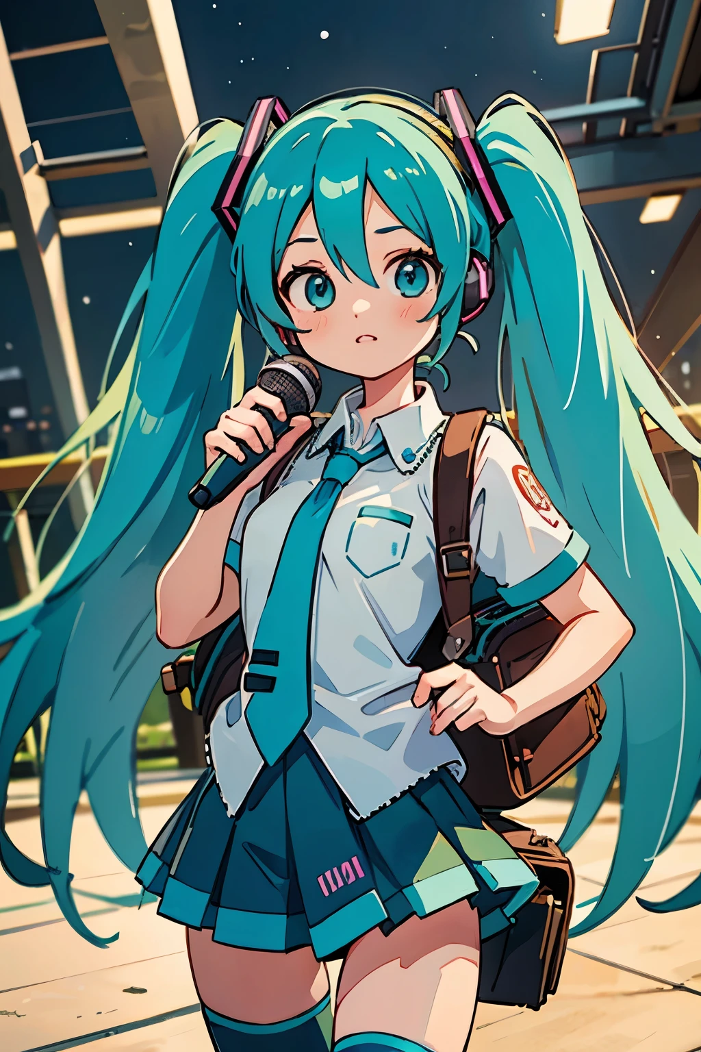 anime girl with long blue hair and a backpack standing in front of a balcony, mikudayo, anime moe artstyle, portrait of hatsune miku, anime girl with teal hair, hatsune miku short hair, anime style 4 k, hatsune miku portrait, hatsune miku, anime art wallpaper 8 k, anime wallpaper 4k, anime wallpaper 4 k, hatsune miku, 1girl, cute anime girl, turquoise blue hair, twin tails, detailed facial features, beautiful detailed eyes, beautiful detailed lips, extremely detailed face, longeyelashes, school uniform, pleated skirt, thigh-high socks, headphones, holding microphone, glowing neon sci-fi background, digital art, 8k, high resolution, photorealistic, cinematic lighting, vibrant colors, intricate details