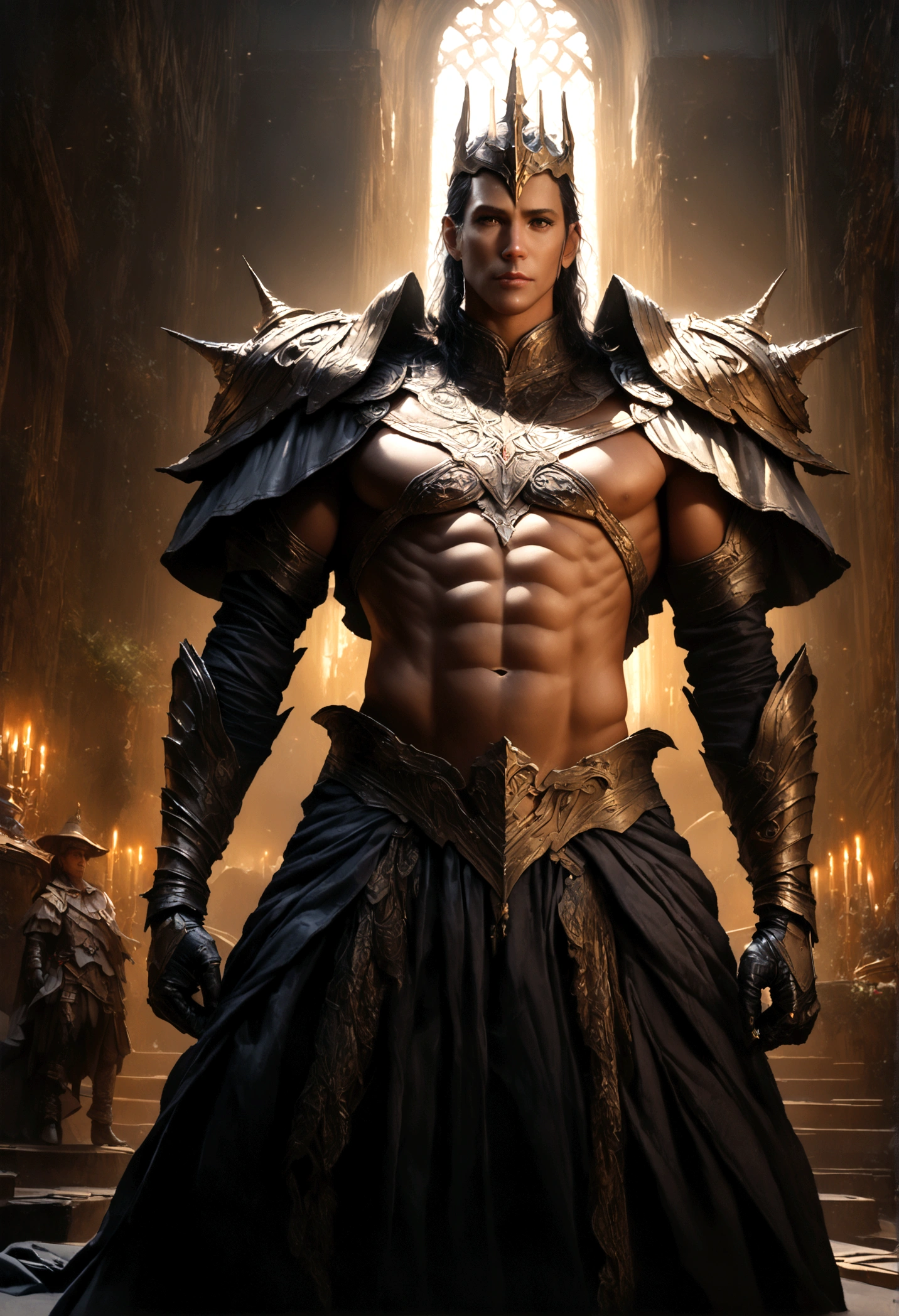 a prince with dark blue medium-length hair, striking purple eyes, toned muscular body, wearing elegant white prince clothing, cinematic lighting, fantasy art, detailed, hyper-realistic, octane render, 8k, (best quality,4k,8k,highres,masterpiece:1.2),ultra-detailed,(realistic,photorealistic,photo-realistic:1.37),dramatic chiaroscuro lighting,cinematic composition,intricate details