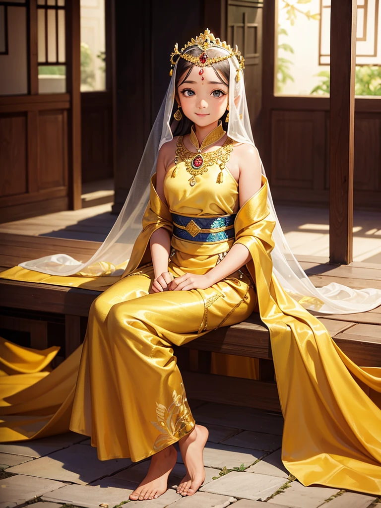 (masterpiece),(highest quality),(Very detailed), (whole body:1.2), One girl,,Little,cute, smile, black bob haircut,Cat ear, Golden Eyes, Earrings, White kimono, (Sitting facing forward in a temple),smile, There is a gold ornament on the back, (Beautifully detailed face), (Beautiful fine details),