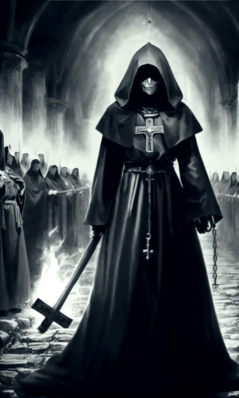 A black and white photograph of a person wearing a hooded robe and holding a sword., dark robes, dark dress, wearing dark robes, dark priest, sacrilegious rite, Holy Inquisition, black robes, dress, occultist, unholy meeting, dark robe, dark fantasy horror art, an evil nun, lucky winner