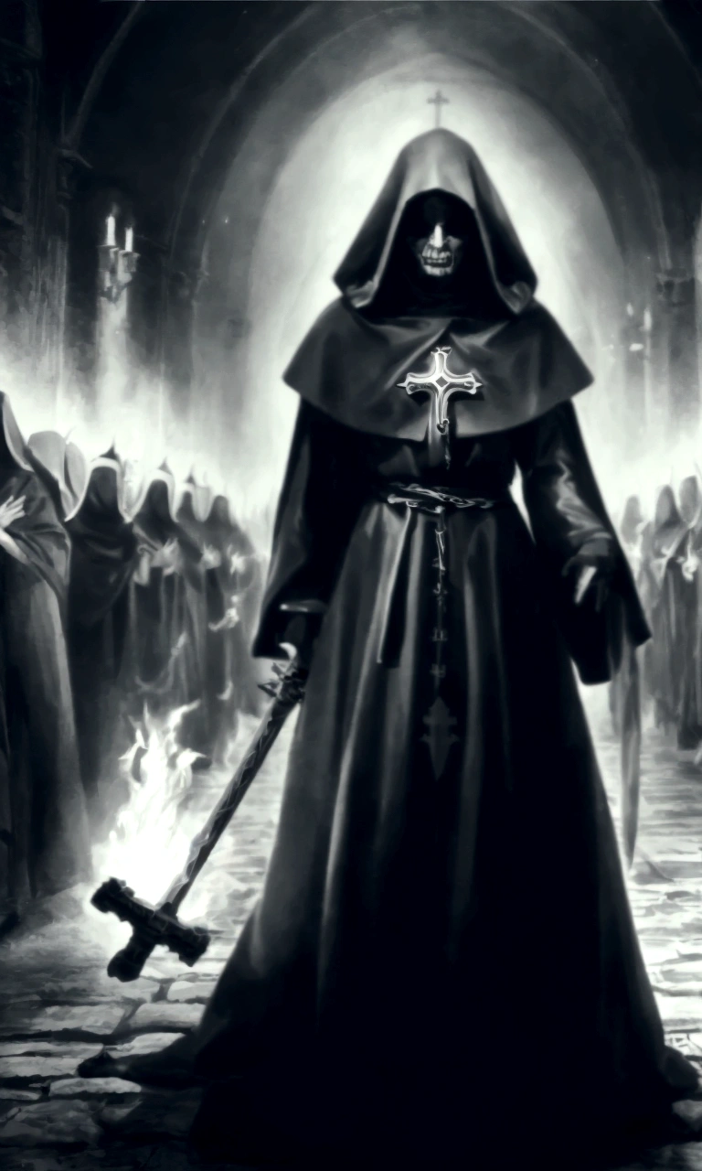A black and white photograph of a person wearing a hooded robe and holding a sword., dark robes, dark dress, wearing dark robes, dark priest, sacrilegious rite, Holy Inquisition, black robes, dress, occultist, unholy meeting, dark robe, dark fantasy horror art, an evil nun, lucky winner