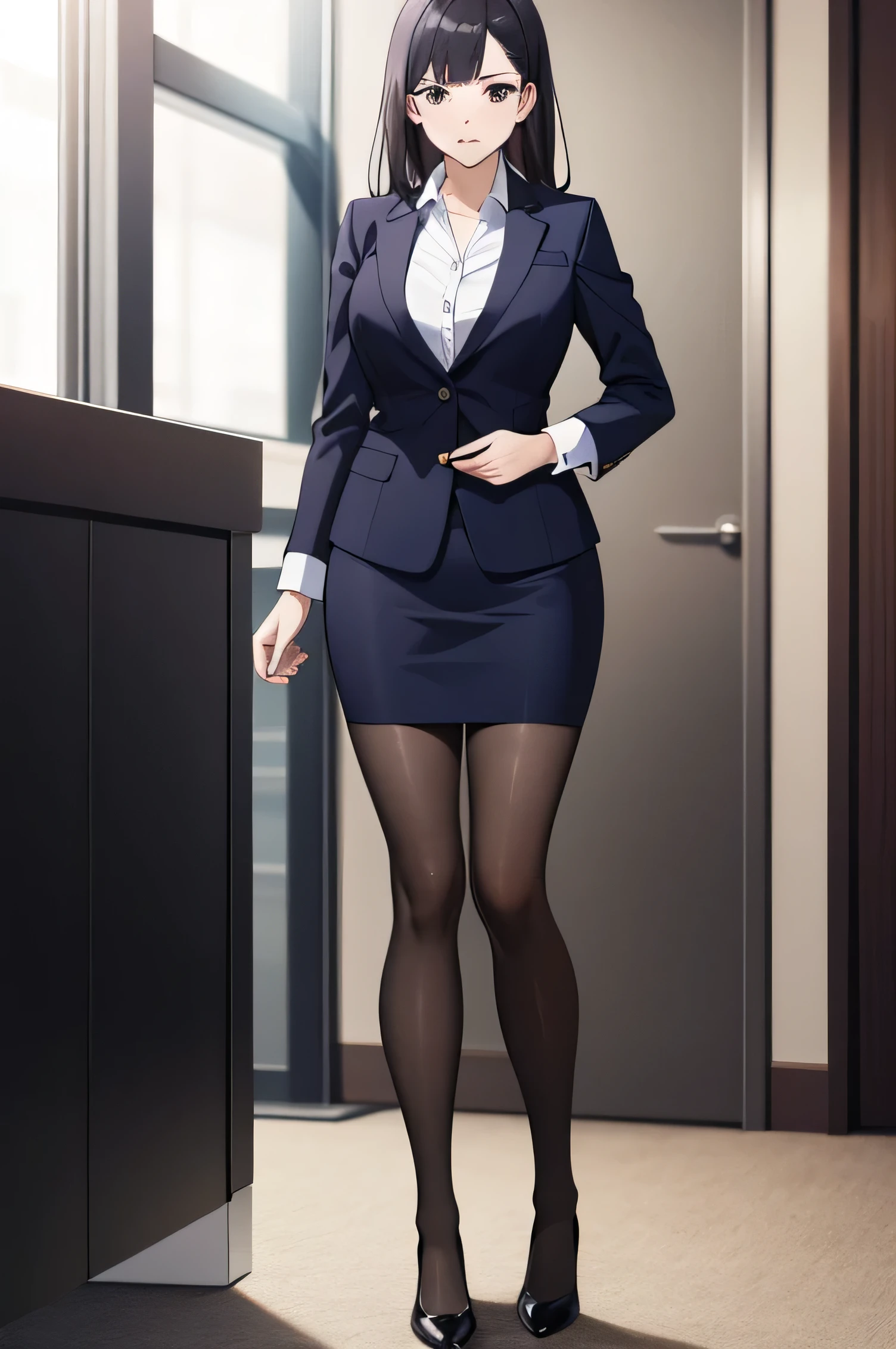 (masterpiece), ((highest quality)), (masterpiece,highest quality,Official Art,Highly detailed CG Unity 8k wallpaper), , photograph, An elegant, upper-class, elite secretary in a business shirt, Working in the office,Wear a strict business suit, Wearing pantyhose,Wear high-quality high heels,Girl in a shirt, business suitを着ている, Huge ,whole body,business suitを着ている, business suitを着て, Businesswoman, Business attire, Wearing a black business suit, Wear a shirt and skirt, A woman wearing a business suit, business suit, business attire,Dramatic Light，Displaying the viewer，