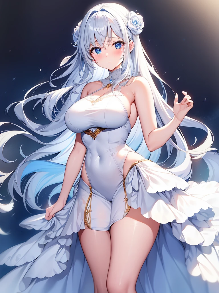 A fragile adult woman with an aura of sadness、I am so emotional I am crying、Round, droopy blue eyes、Fine wavy long white hair、Medium breasts and curvy legs、White Wedding Dress、Standing pose