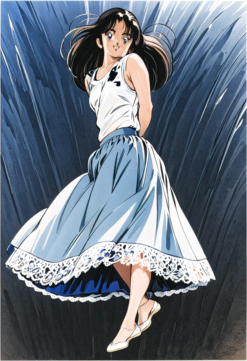 音無響子制服のLong skirt、The color is dark blue、
Low - Angle、制服のLong skirt、The color is dark blue、
Low - Angle、Long skirt、Hold down your skirt that is being blown up by the strong wind、Anime white panties in a strong wind、Crotch is visible
ローレグのパンツ、Color: White、
Crotch is visible、
、Lined、White lace lining、
