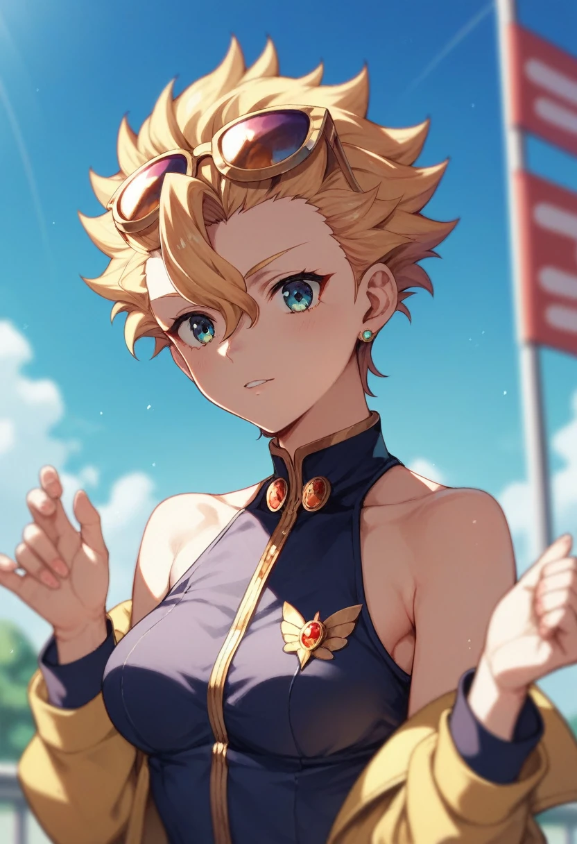 gift 1, Prototype of the destination, wapokichi, bared shoulders, blue sky, blurry, blurry background, neckleace, giorno, Depth of field, ashen hair, hair between the eyes, hair intake, hands up, medium breasts, へそ, plein-air, sky