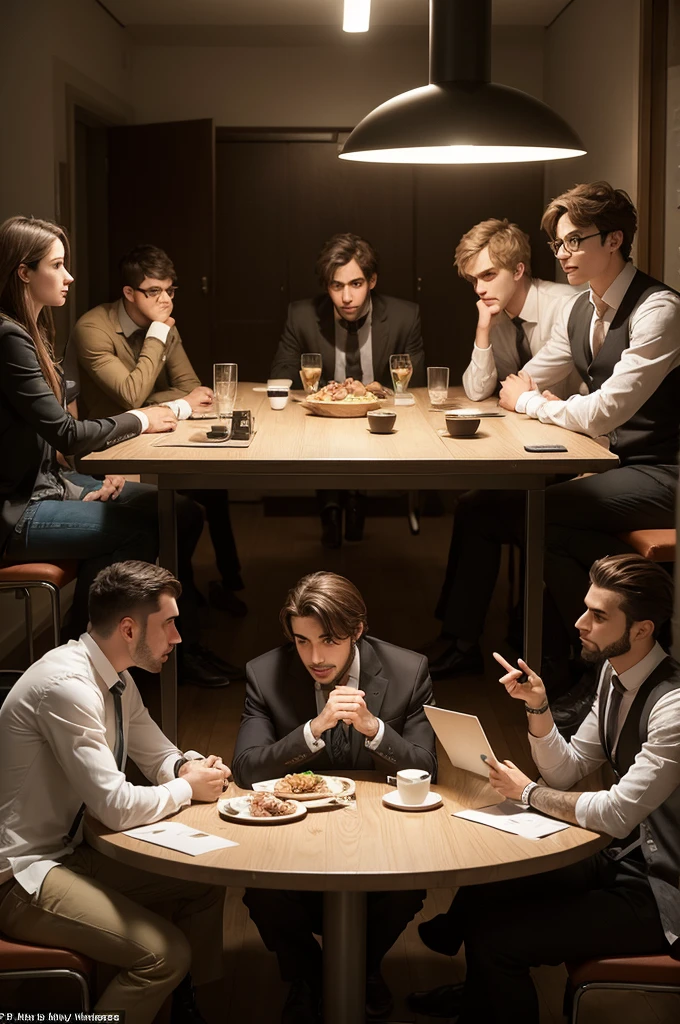 make an image of 6 people interacting at a table: an alpha male, a Sigma male, a shady emu, an ananindeuense psychopath, a psychology student and a seductive pan
