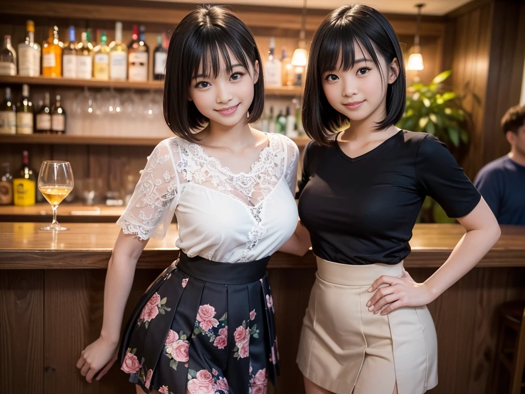 (Highest quality, masterpiece, Ultra-high resolution, 8K, RAW Photos, Realistic, Anatomically correct:1.5), (Stainless steel round bar fence:1.0, Put your elbow on the fence:1.2, high school girl、20-year-old girl:1.2, Embarrassing, avert your eyes, blush:1.0, View Viewer, ((bar)) 、Night view、 Light:1.2, Bokeh, Cinema Lighting:1.0, Depth of written boundary, sharp、 Cute face、Idol、Black short sleeve lace top、Black pleated skirt、Black clothing、”dwarf”、(Floral clothes)、Full Body Shot、Cowboy Shot、(( smile))、(Ultra short hair、Straight Hair)、(Straight bangs)、((One woman))、