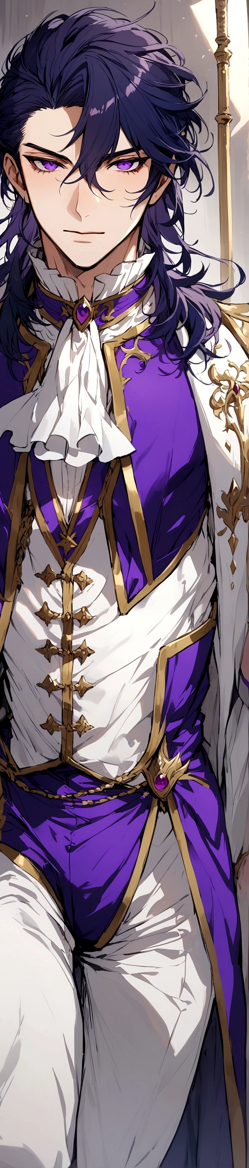 Dark blue hair, medium sized hair, purple eyes, toned body, prince clothes, White, male