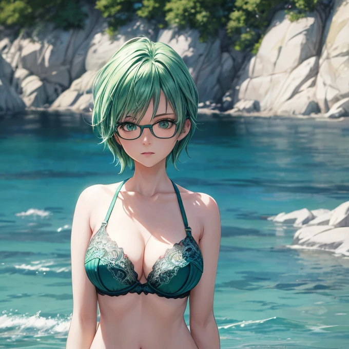 ( a one woman) With green hair and green eyes and glasses standing in front of a body of water, realism artstyle, realistic art style,  anime with hammer hair, short rose, of dental floss,  Bonded white bra, high quality detailed artwork, anime styling. 8K, realistic anime artstyle, stunning art style, realistic anime art style, 🤤 portrait of ,  seductive anime, cartoon art style, bluish skin