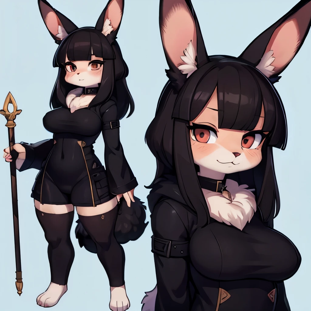  anime rabbit with black fur, cute and a little tired brown eyes, anime Dungeon meshi, medium wavy black hair with bangs, wearing an exploration outfit, 21 years old, at various angles, cute, Holding a magic staff, furry rabbit, furry rabbit, eyes large, hybrid, black fur, Mature but cute appearance, medium breasts, sfw, Friendly, not sexualized