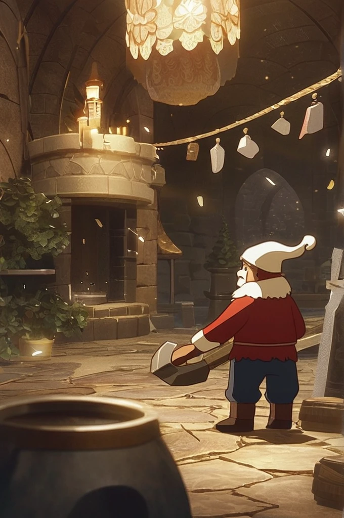 ((Лучшее качество)), ((шедевр)), (подробный), gnome with a red beard, hammer, forge, anime