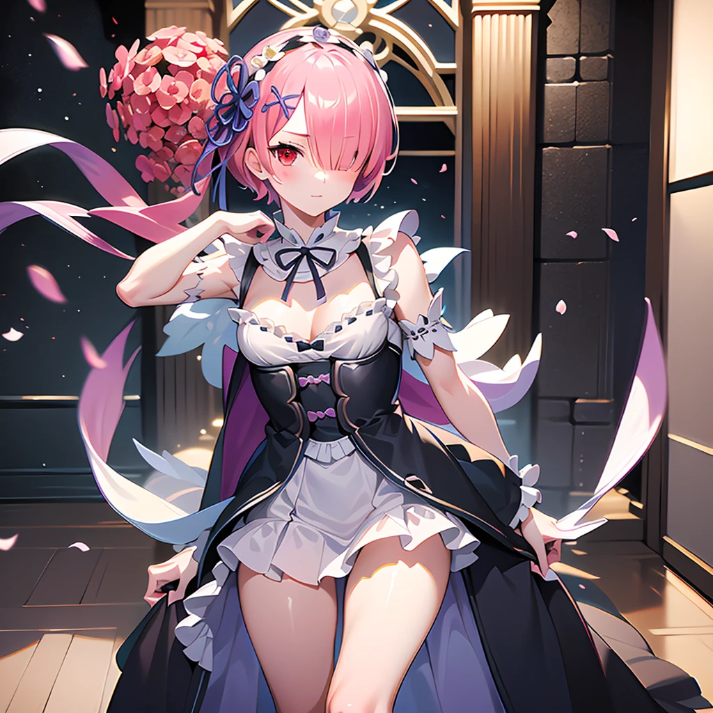 masterpiece, best quality, highres, ram1, 1girl, solo, ram \(re:zero\), pink hair, short hair, red eyes, hair over one eye, hair ribbon, x hair ornament, small breasts, purple ribbon, hair flower, wedding dress, bridal veil, bouquet, chuch,