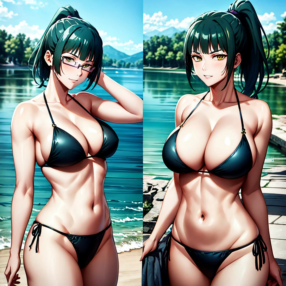 ZeninMakiNDV, 1girl, green hair, yellow eyes, large breasts, ponytail, glasses, bikini 
