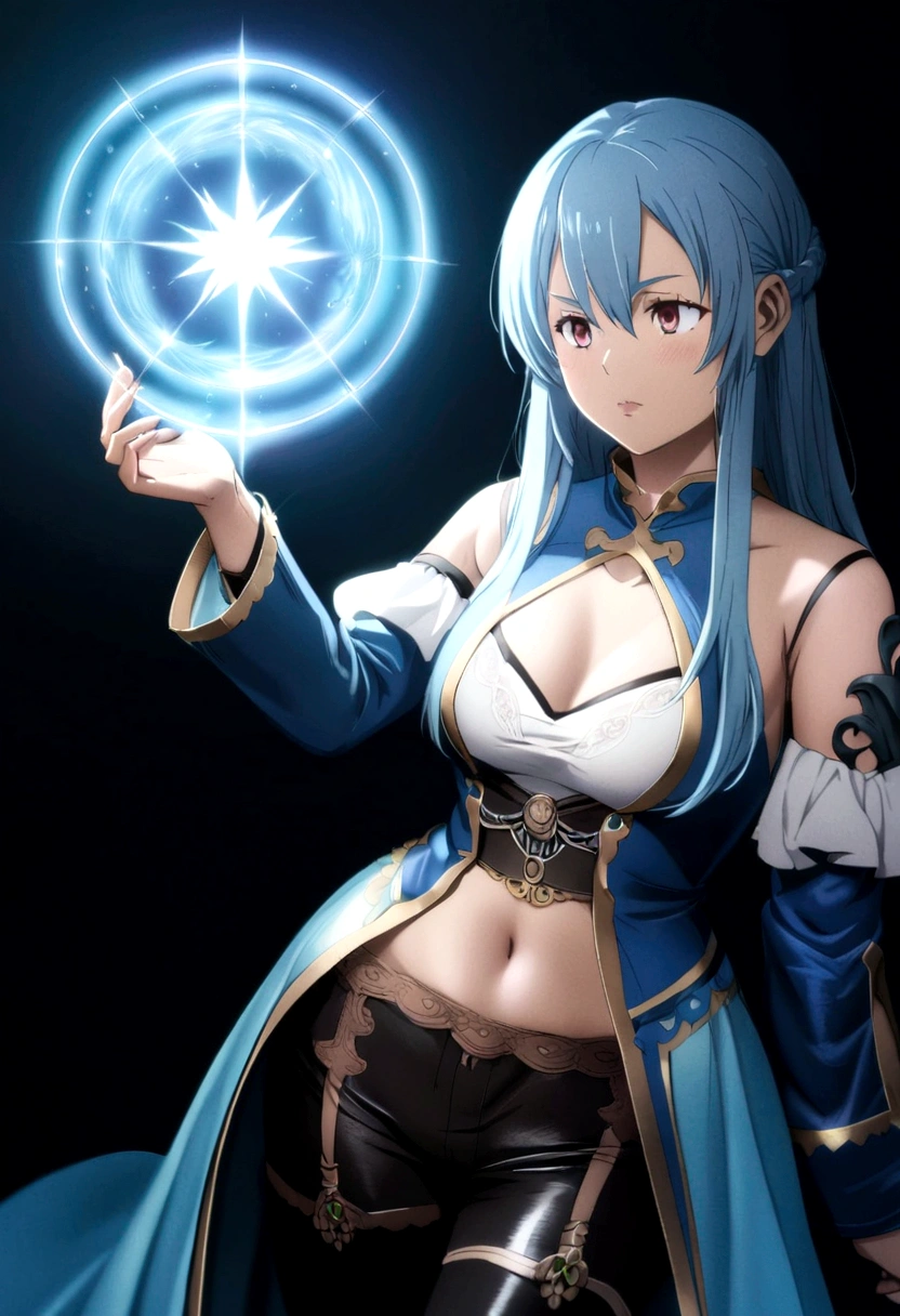 Create a Mushoku tensei style anime image, a female character with blue hair who uses magic without clothes 